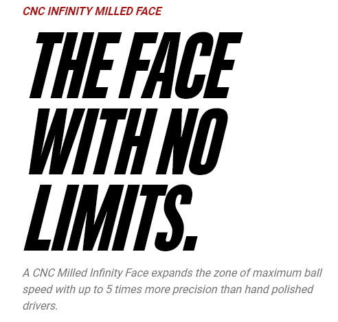 CNC Infinity Milled Face - The Face with no limits. A CNC Milled Infinity Face expands the zone of maximum ball speed with up to 5 times more precision than hand polished drivers.