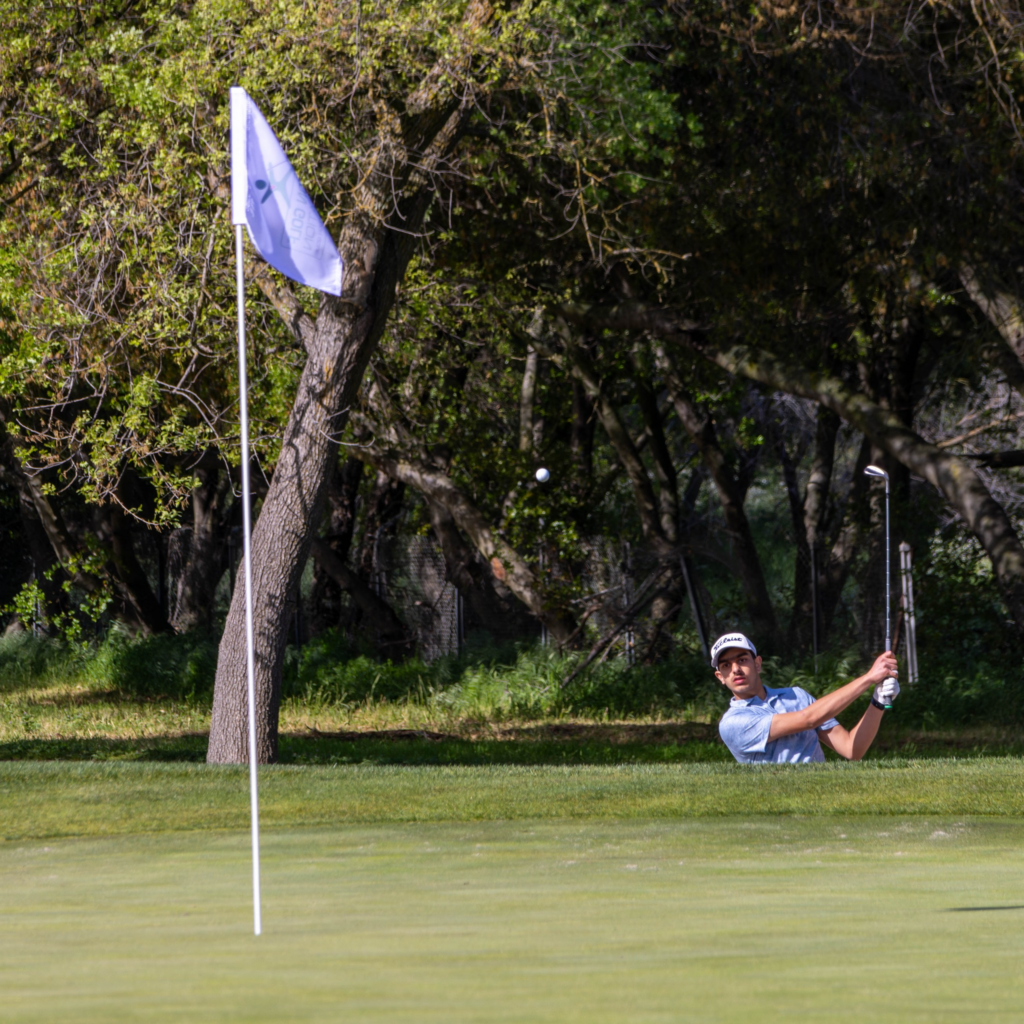 Golfer chipping in to hole