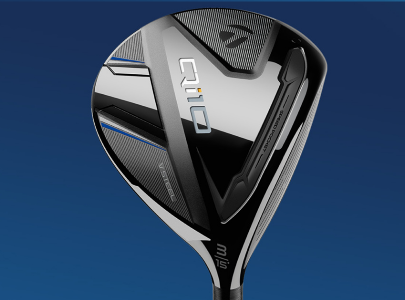 Front View of TaylorMade Qi10 Fairway Wood on blue background