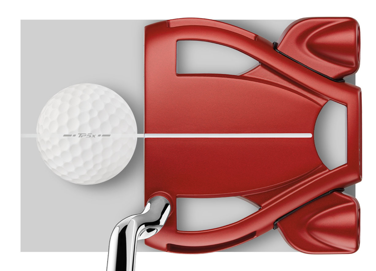 Top Down View of Red Putter and White Golf Ball on Grey Background