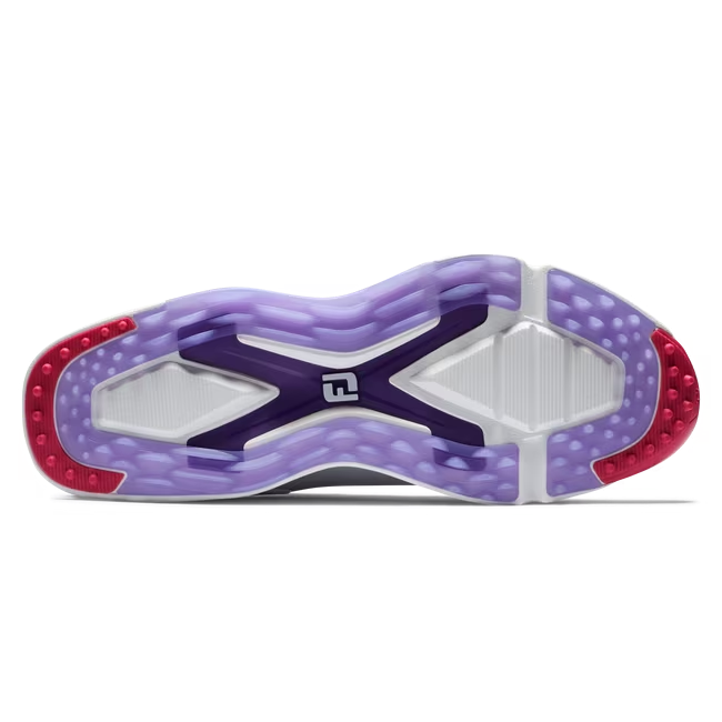 Bottom View of White and Pink and Purple Golf Shoe