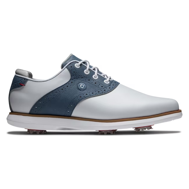 Side view of white navy saddle golf shoe