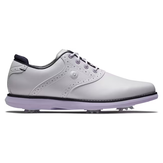 Side view of white purple golf shoe