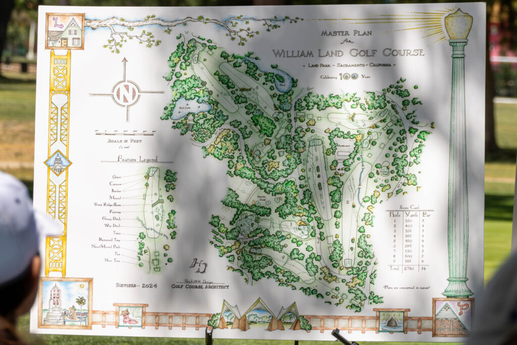 A posterboard with a blueprint of William Land Golf Course on it. It says 'Master Plan for William Land Golf Course Celebrating 100 Years.' It is the proposed changes and layout of the 10 year plan for the course.
