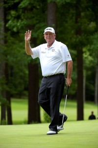 SHOAL CREEK, AL - MAY 18: Mark Calcavecchia waves to the gallery after making a birdie putt on the eighth holeuring the final round of the Regions Tradition at Shoal Creek on May 18, 2014 in Shoal Creek, Alabama. (Photo by Stan Badz/PGA TOUR) *** Local Caption *** Mark Calcavecchia