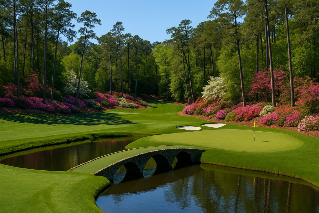 The famous 'Amen Corner' at Augusta National. Colorful bushes and trees line a fairway to and island green, connected by a stone bridge.