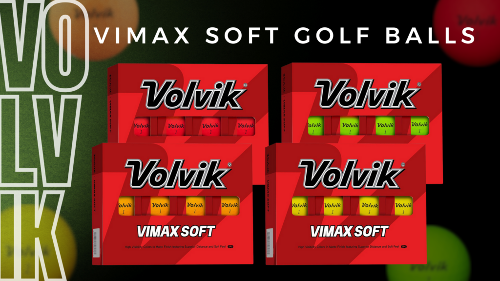 Graphic designed photo that includes the four color options available for the Volvik Vimax Soft Golf Balls