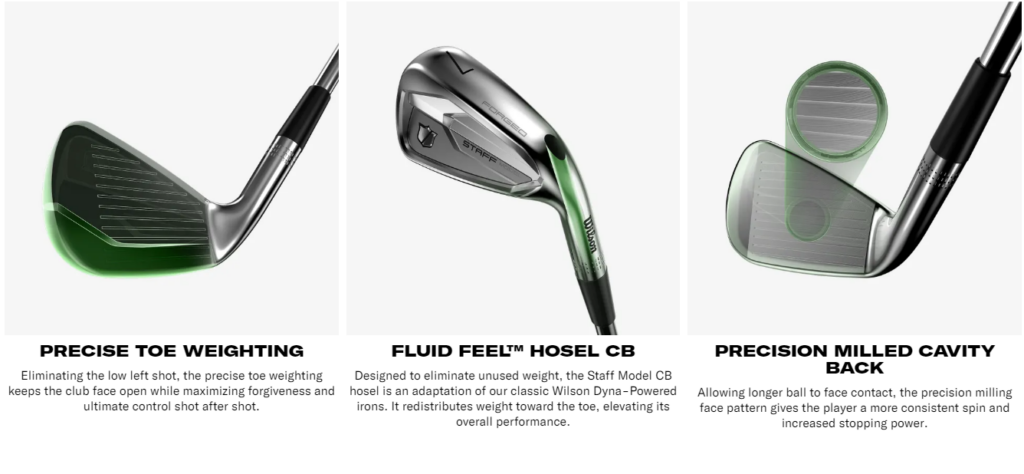 Staff Model CB Irons showing precise toe weighting, the fluid feel hosel CB and precision milled cavity back.