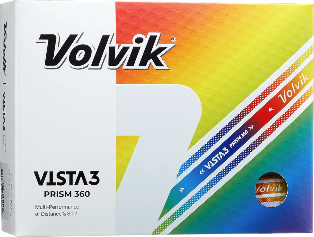 Front View of Volvik Vista 3 Prism 360 Box. White and Rainbow 