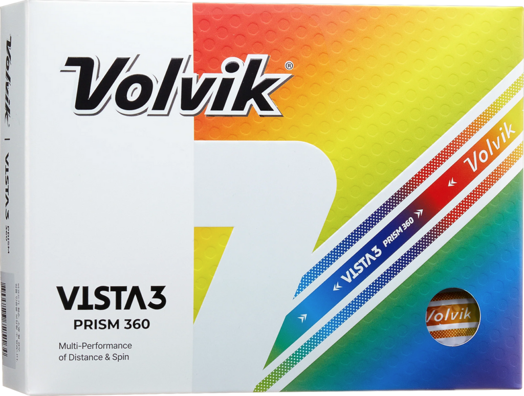 Front View of Volvik Vista 3 Prism 360 Box. White and Rainbow