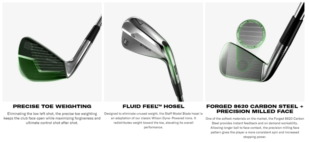 Staff Model Blades showing precise toe weighting, the fluid feel hosel and carbon steel precision milled face of the club