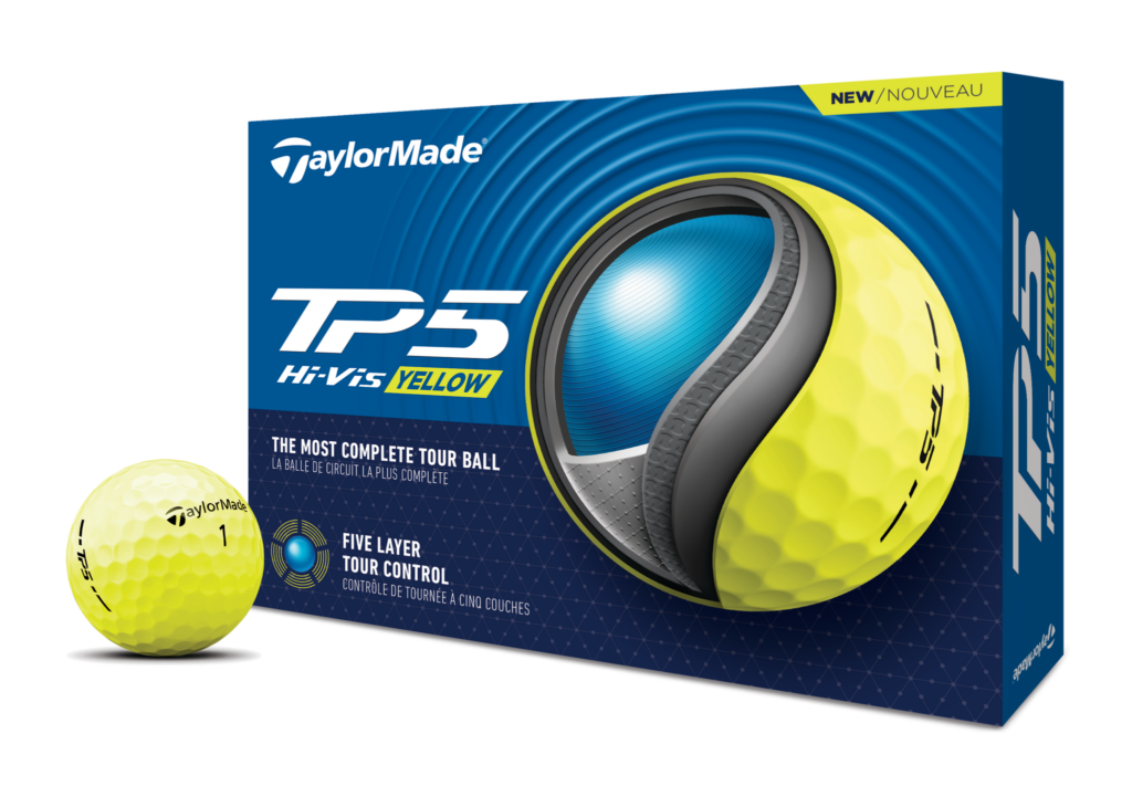 A yellow TaylorMade TP5 golf ball and the front of the TP5 box
