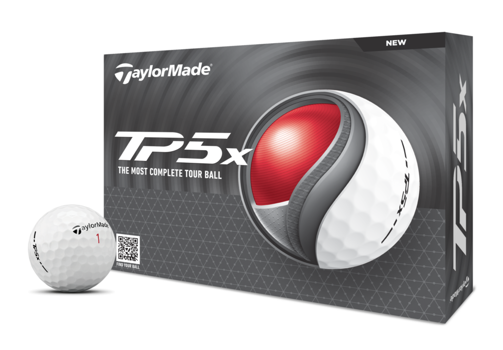 A white TaylorMade TP5x golf ball and the front of the TP5 box