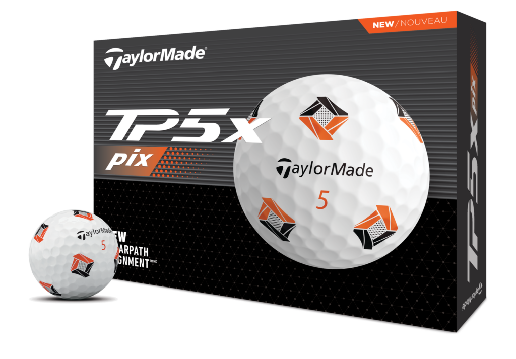 A  TaylorMade TP5x Pix golf ball and the front of the TP5x Pix box