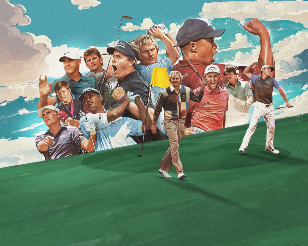 Cartoon drawing of top golfers including Tiger Woods, Jordan Speith, Jack Nicklaus and Phil Mickelson
