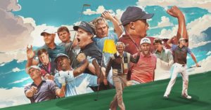 Cartoon drawing of top golfers including Tiger Woods, Jordan Speith, Jack Nicklaus and Phil Mickelson