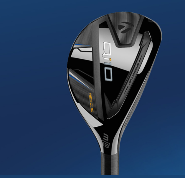 Front View of TaylorMade Qi10 Hybrid on blue background