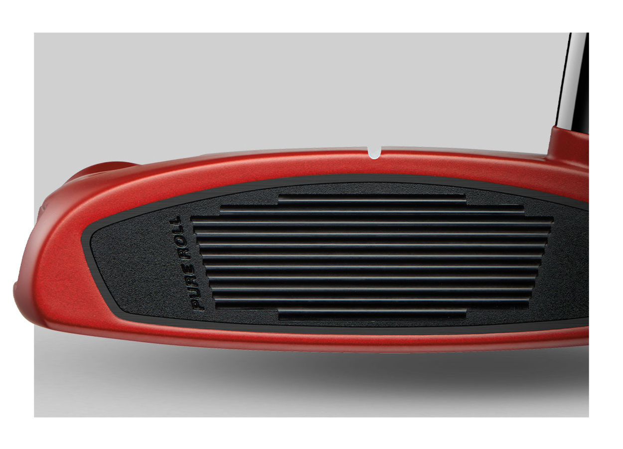 View of black insert in the face of the red putter