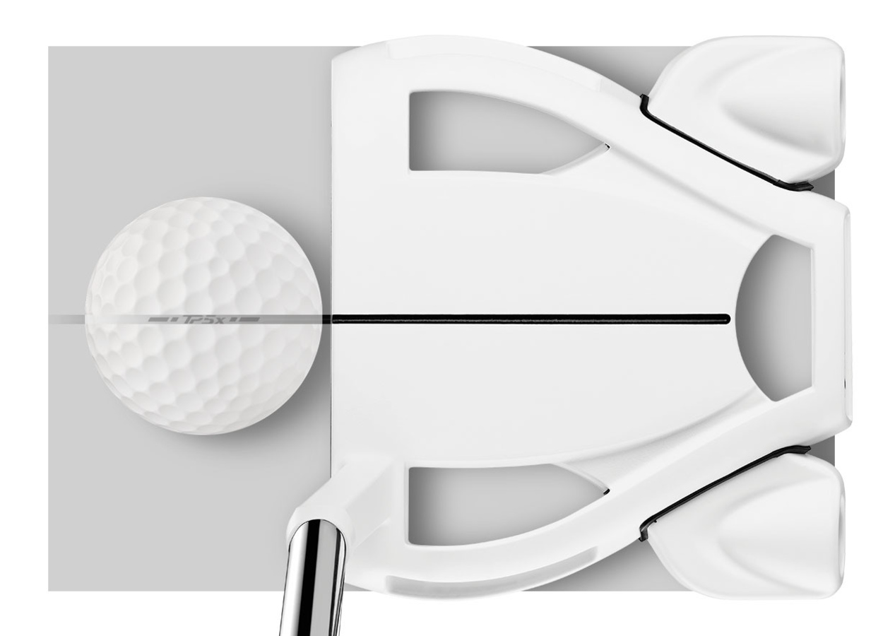 Top Down View of White Putter with Ball on Grey Background