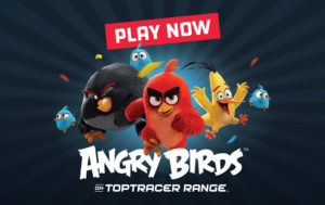 A graphic with all the Angry Birds characters jumping or running toward the screen. It is announcing that the Angry Birds game is available now to play at Toptracer Range.