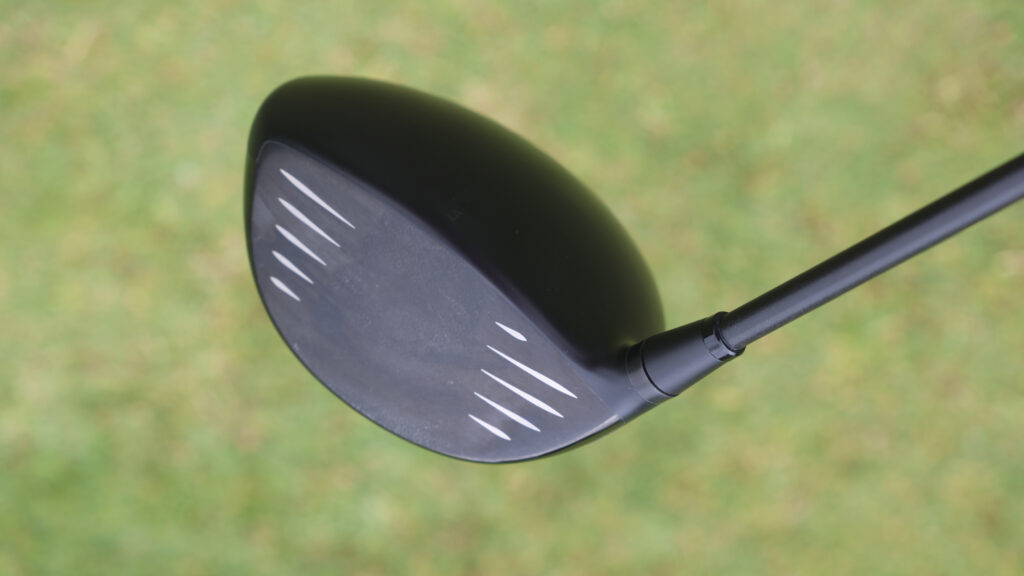 A close-up of the face of the LA Golf driver.