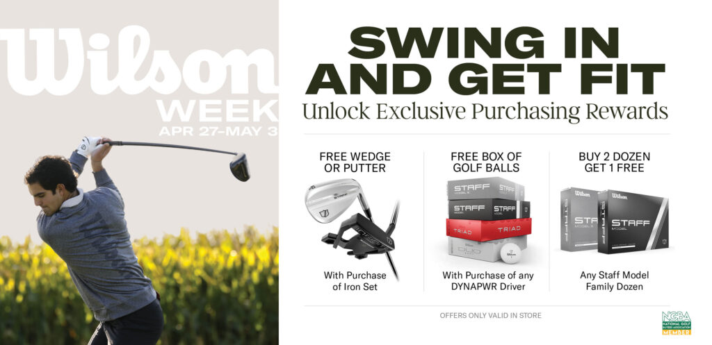 Wilson Week image that shows the Buy a full set of Wilson irons and receive a free wedge or putter (a $150 value)!
Buy a new Dynapower driver and get a free dozen Staff Model or Triad golf balls!
Staff Model Golf Balls: Buy 2 dozen, get 1 dozen FREE: all week long!