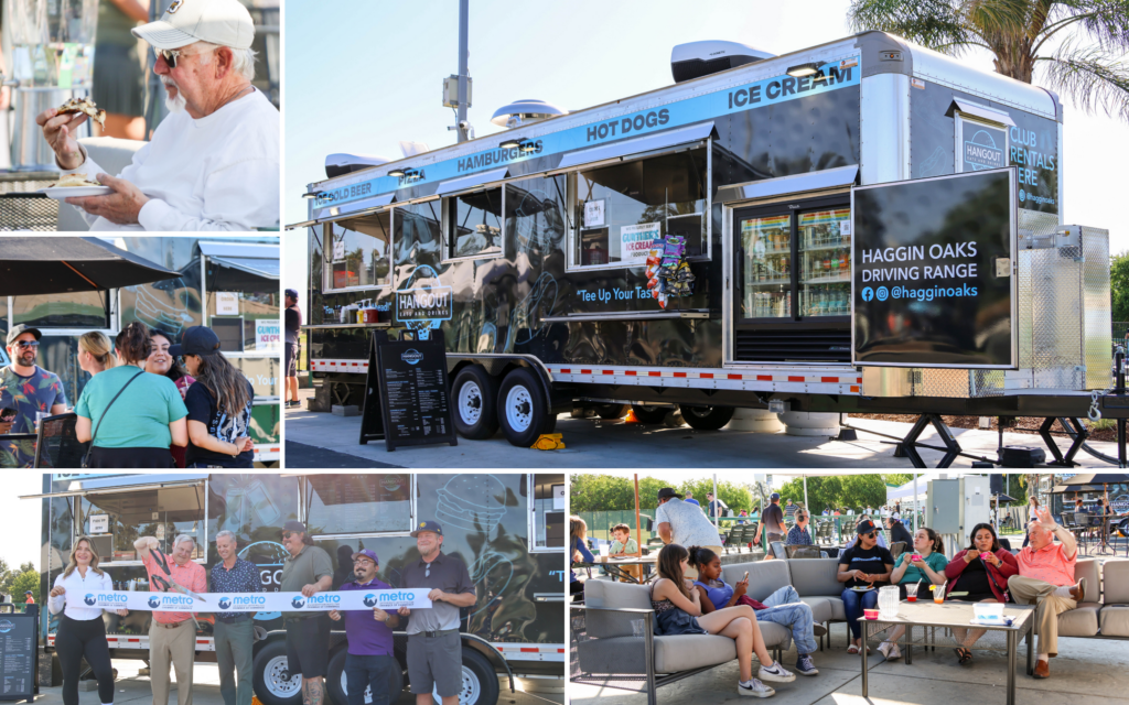 a ccollage of photos from the Hangout Granding opening, the food truck, and photos of people enjoying the space.
