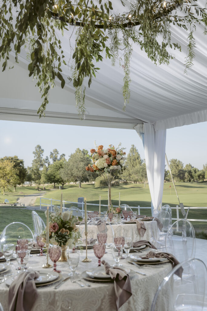 An interior shot of the tent at Bartley Cavanaugh. The golf course can be seen through the tent.