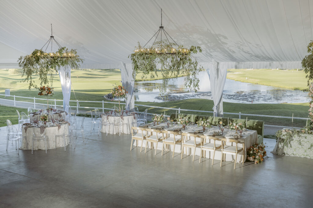 A raised, interior shot of the tent at Bartley Cavanaugh. Tables are set up for an event.