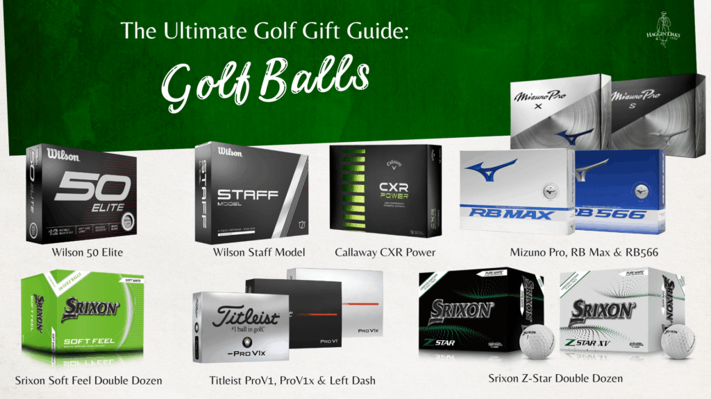 Holiday golf gift guide featuring golf balls including Srixon Soft Feel, Z-Star, Callaway CXR Power, Wilson 50 Elite, Mizuno Pro, and Titleist ProV1/ProV1x.