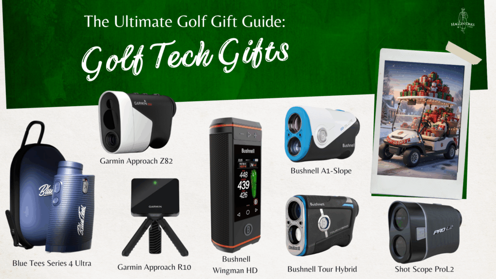 Golf tech and gadgets gift guide with Bushnell A1 Slope, Wingman HD, Garmin Approach R10 and Z82, Blue Tees Series 4 Ultra, and Shot Scope ProL2.