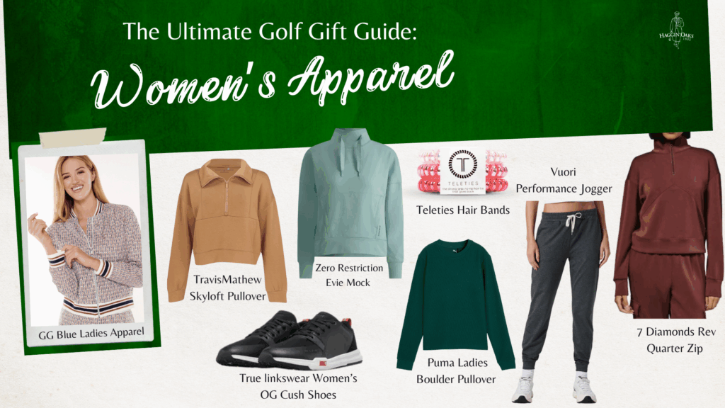 Women’s golf apparel gift guide with 7 Diamonds quarter zip, TravisMathew Skyloft pullover, Vuori joggers, Puma Boulder pullover, True Linkswear OG Cush shoes, Teleties hair bands, and GG Blue clothing.