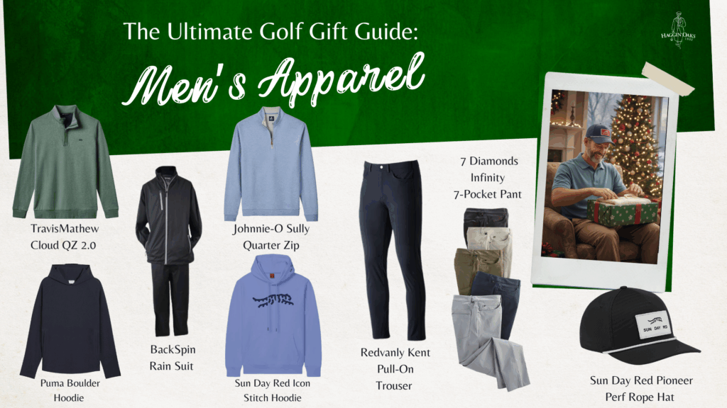 Men’s golf apparel gift guide with 7 Diamonds pants, Sun Day Red hoodie, Johnnie-O quarter zip, Puma Boulder hoodie, TravisMathew Cloud QZ 2.0, Redvanly Kent trousers, BackSpin rain suit, and Sun Day Red Pioneer hat.