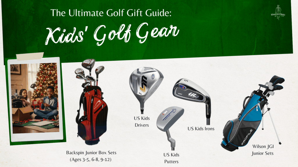 Kids’ golf gear gift guide including Backspin Junior Box Sets, Wilson JGI junior sets, US Kids irons, putters, and drivers.