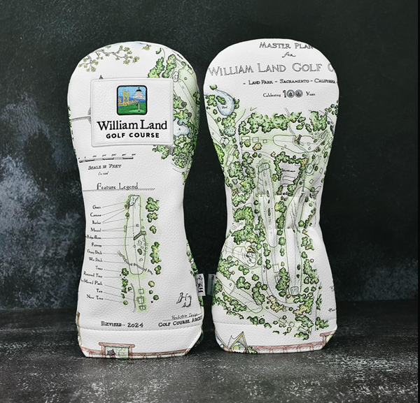 A close up of the William Land Master Plan headcover. It is covered front and back with a colored course sketch showing the proposed 100 year plan.