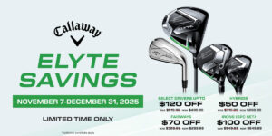 A graphic promoting the holiday promos for the Elyte clubs. Save up to $120 off Elyte clubs, including drivers, fairways, hybrids, and irons.