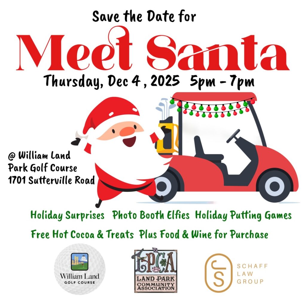 A flyer for the Meet Santa event at William Land Golf Course from 5-7pm on December 4th, 2025.