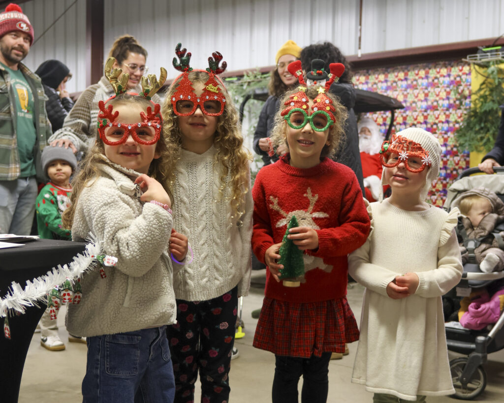 A group of young girls posing for a picture while wearing novelty Christmas glasses.