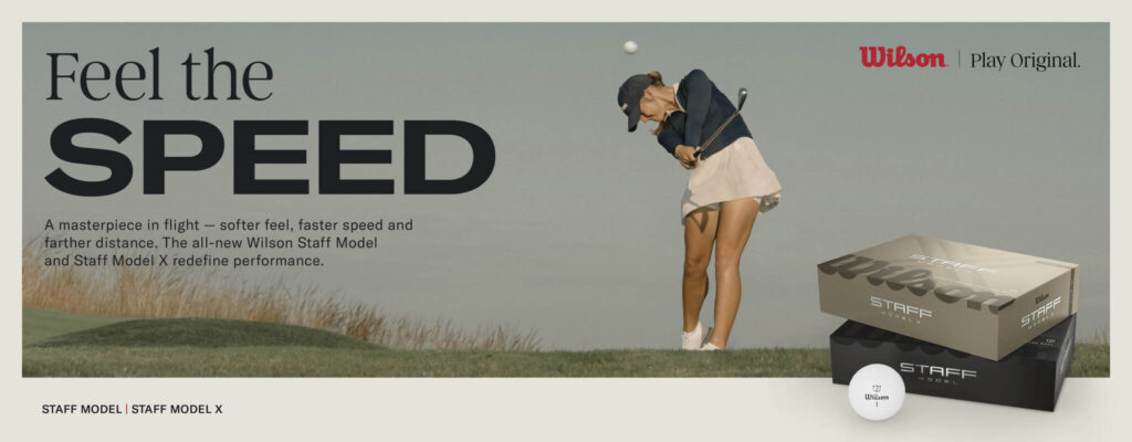 Wilson Feel The Speed Staff Model and Staff Model x Graphic with a woman golfing.