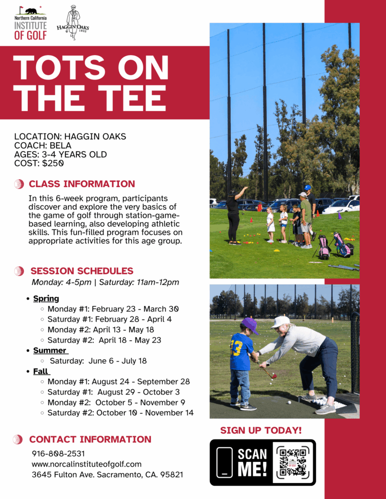 A flyer for Tots on the Tee with information and dates.