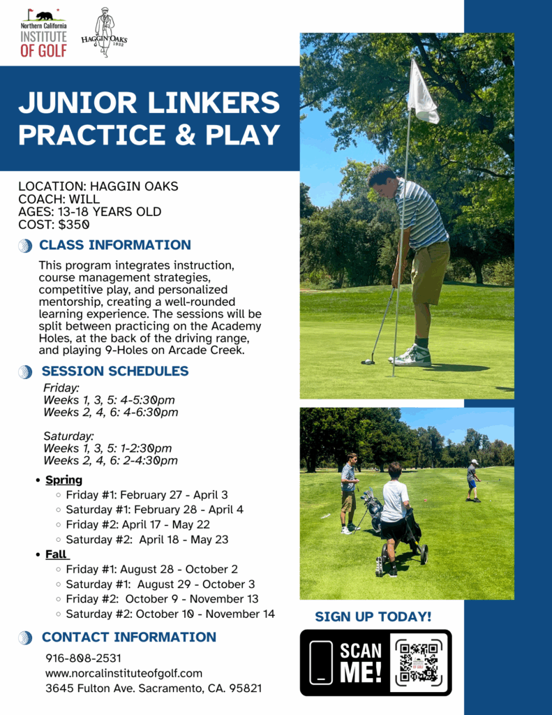 A flyer for Junior Linkers Practice & Play with information and dates.