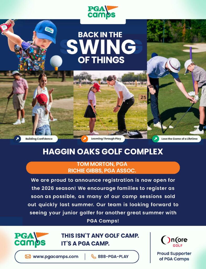A flyer for the PGA Youth Summer Camps. You can sign up by visiting www.pgacamps.com or calling 888-PGA-PLAY.