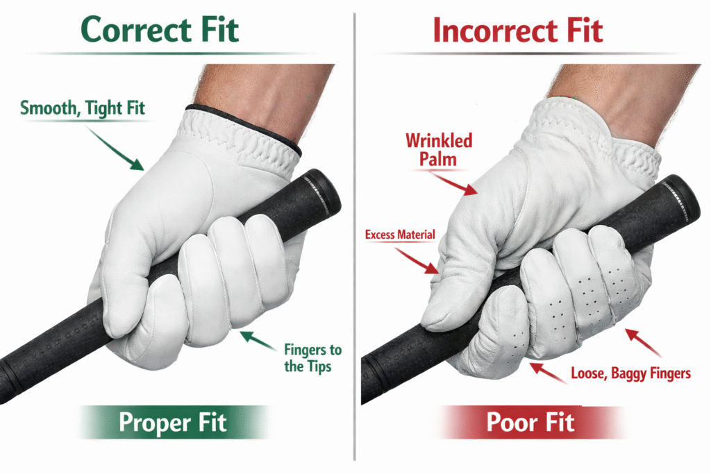 diagram showing correct vs incorrect glove fit