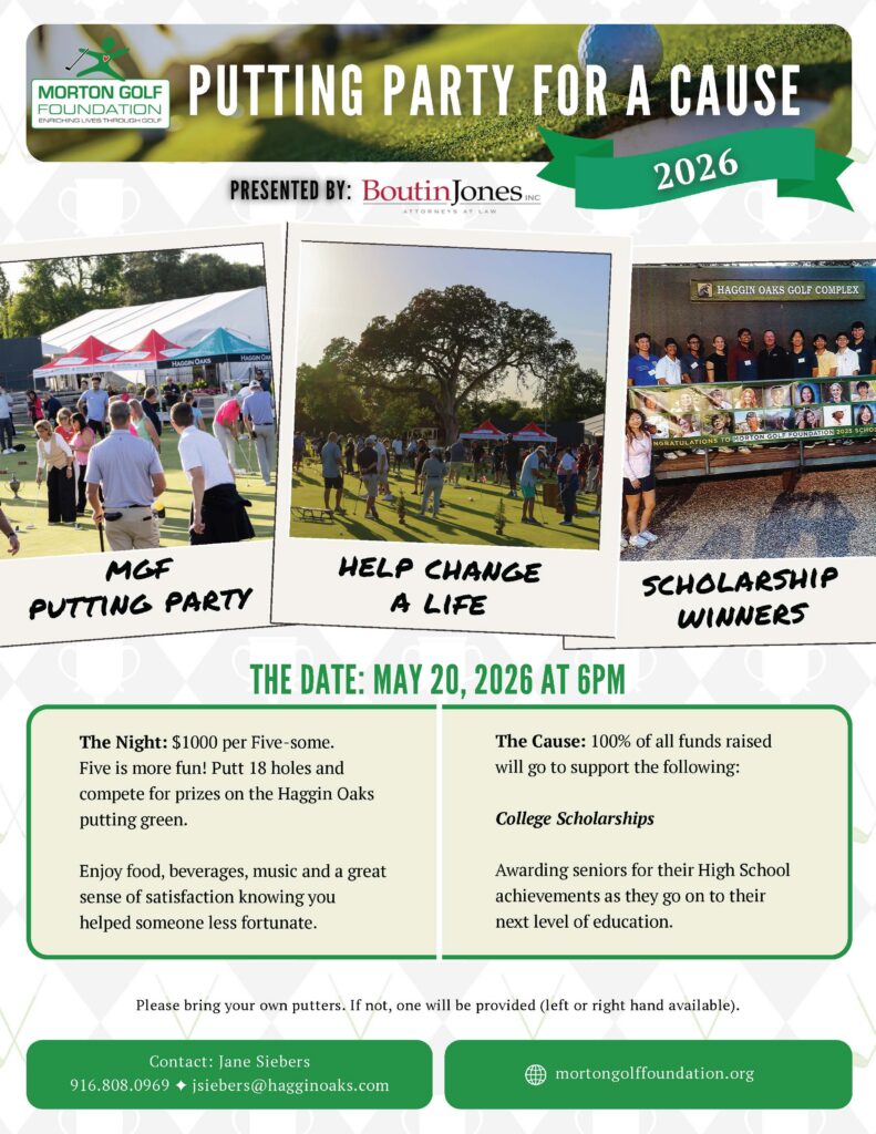 A flyer for the 2026 Morton Golf Foundation Putting Party. The cost is $1,000 per team of five. 100% of all funds raised will go to the support college scholarships for high school seniors.