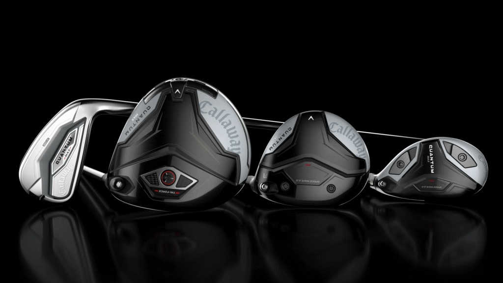 A lineup of the new Callaway Quantum clubs, including an iron, a driver, a fairway wood, and a hybrid.