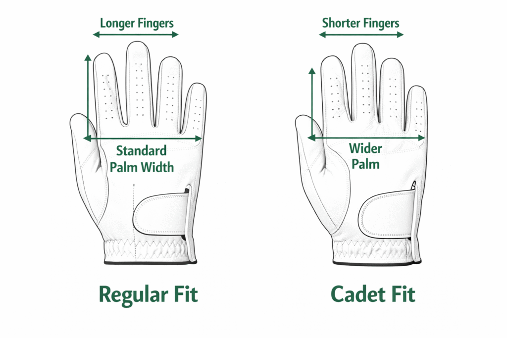 a diagram showing Regular vs. Cadet Golf Glove Sizes