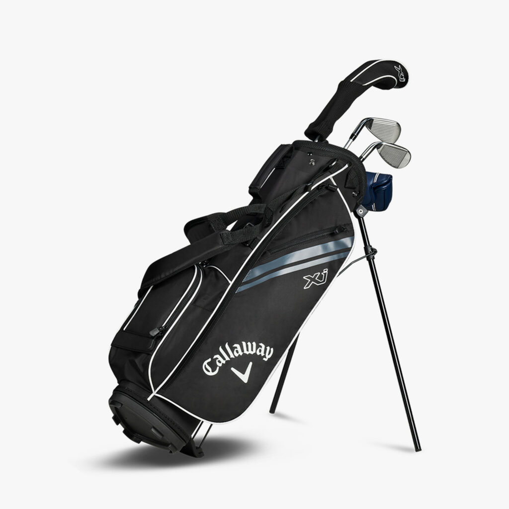 A profile shot of the XJ bag standing with all the clubs in headcovers.