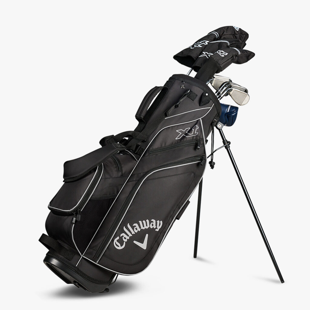 A profile shot of the XT bag standing with all the clubs in headcovers.