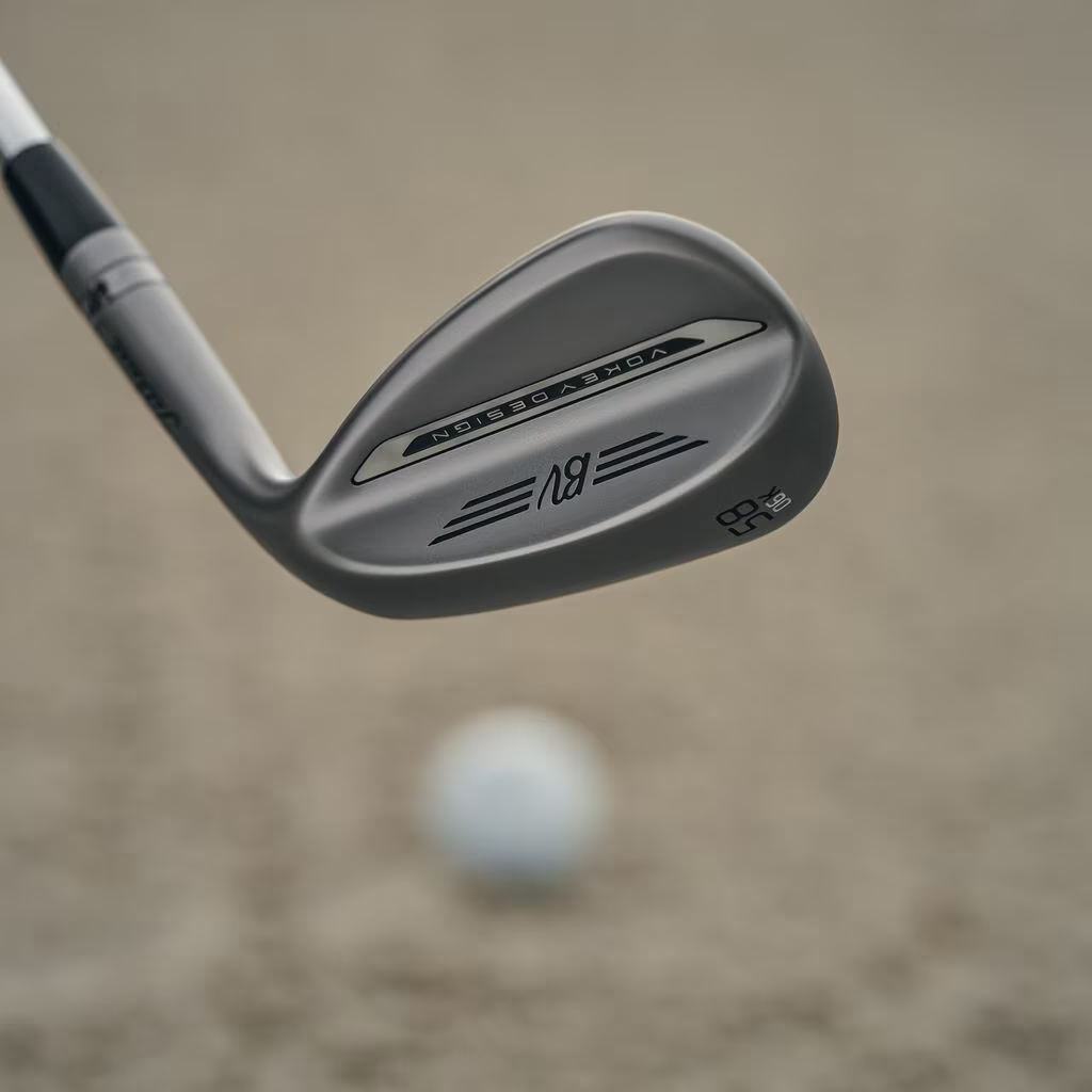 A closeup of a SM11 wedge in front of a ball in the sand.