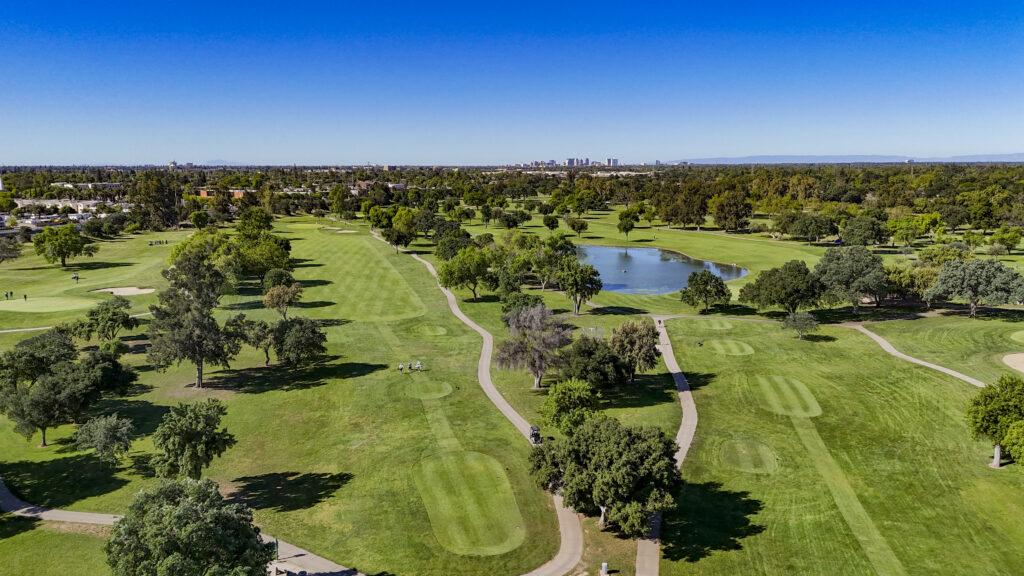 Drone aerial photo of Haggin oaks with AJGA golfers walking